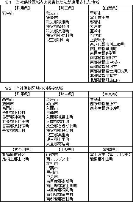 ※１　当社供給区域内の災害救助法が適用された地域，※２　当社供給区域内の隣接地域
