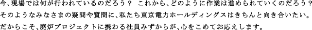 今、現場では何が行われているのだろう？ これから、どのように作業は進められていくのだろう？
そのようなみなさまの疑問や質問に、私たち東京電力ホールディングスはきちんと向き合いたい。
だからこそ、廃炉プロジェクトに携わる社員みずからが、心をこめてお応えします。