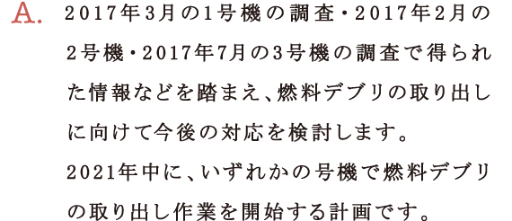 A.2017年3月の1号機の調査・2017年2月の2号機の調査・2017年7月の3号機の調査で得られた情報などを踏まえ、燃料デブリの取り出しに向けて今後の対応を検討します。2021年中に、いずれかの号機で燃料デブリの取り出し作業を開始する計画です。