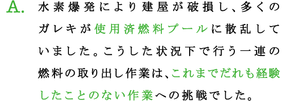 A.水素爆発により建屋が破損し、多くのガレキが使用済燃料プールに散乱していました。こうした状況下で行う一連の燃料の取り出し作業は、これまでだれも経験したことのない作業への挑戦でした。