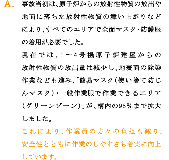 A.事故当初は、原子炉からの放射性物質の放出や地面に落ちた放射性物質の舞い上がりなどにより、すべてのエリアで全面マスク・防護服の着用が必要でした。
現在では、1〜4号機原子炉建屋からの放射性物質の放出量は減少し、地表面の除染作業なども進み、「簡易マスク（使い捨て防じんマスク）・一般作業服で作業できるエリア（グリーンゾーン）」が、構内の95％まで拡大しました。
これにより、作業員の方々の負担も減り、安全性とともに作業のしやすさも着実に向上しています。