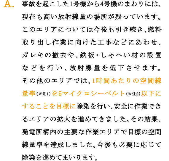 A.事故を起こした1号機から4号機のまわりには、現在も高い放射線量の場所が残っています。このエリアについては今後も引き続き、燃料取り出し作業に向けた工事などにあわせ、ガレキの撤去や、鉄板・しゃへい材の設置などを行い、放射線量を低下させます。その他のエリアでは、1時間あたりの空間線量率（※注1）を5マイクロシーベルト（※注2）以下にすることを目標に除染を行い、安全に作業できるエリアの拡大を進めてきました。その結果、発電所構内の主要な作業エリアで目標の空間線量率を達成しました。今後も必要に応じて除染を進めてまいります。
