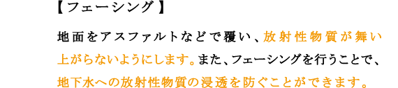 【フェーシング】
地面をアスファルトなどで覆い、放射性物質が舞い上がらないようにします。また、フェーシングを行うことで、地下水への放射性物質の浸透を防ぐことができます。