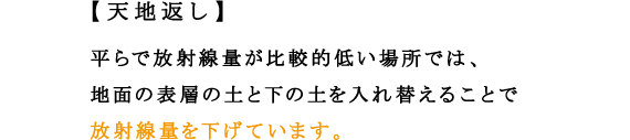 【天地返し】
平らで放射線量が比較的低い場所では、地面の表層の土と下の土を入れ替えることで放射線量を下げています。