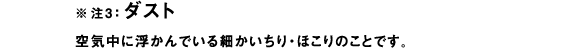 ※注3：ダスト
空気中に浮かんでいる細かいちり・ほこりのことです。