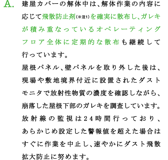 A.建屋カバーの解体中は、解体作業の内容に応じて飛散防止剤（※注1）を確実に散布し、ガレキが積み重なっているオペレーティングフロア全体に定期的な散布も継続して行っています。
屋根パネル、壁パネルを取り外した後は、現場や敷地境界付近に設置されたダストモニタで放射性物質の濃度を確認しながら、崩落した屋根下部のガレキを調査しています。放射線の監視は24時間行っており、あらかじめ設定した警報値を超えた場合はすぐに作業を中止し、速やかにダスト飛散拡大防止に努めます。
