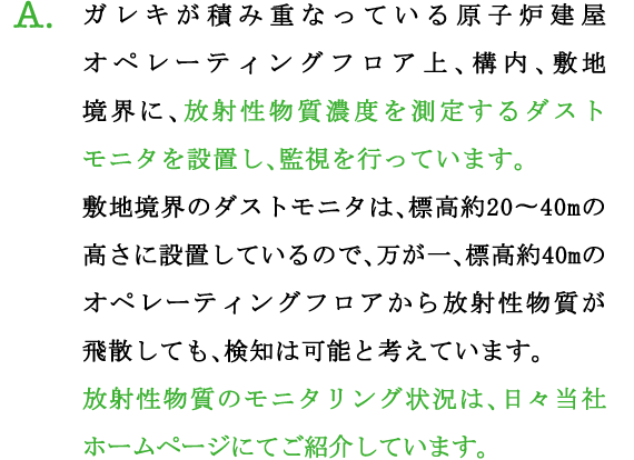 A.ガレキが積み重なっている原子炉建屋オペレーティングフロア上、構内、敷地境界に、放射性物質濃度を測定するダストモニタを設置し、監視を行っています。
敷地境界のダストモニタは、標高約20?40mの高さに設置しているので、万が一、標高約40mのオペレーティングフロアから放射性物質が飛散しても、検知は可能と考えています。
放射性物質のモニタリング状況は、日々当社ホームページにてご紹介しています。
