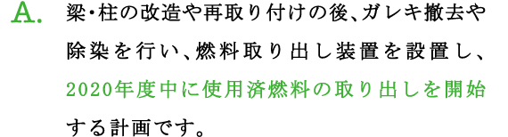 A.梁・柱の改造や再取り付けの後、ガレキ撤去や除染を行い、燃料取り出し装置を設置し、2020年度中に使用済燃料の取り出しを開始する計画です。