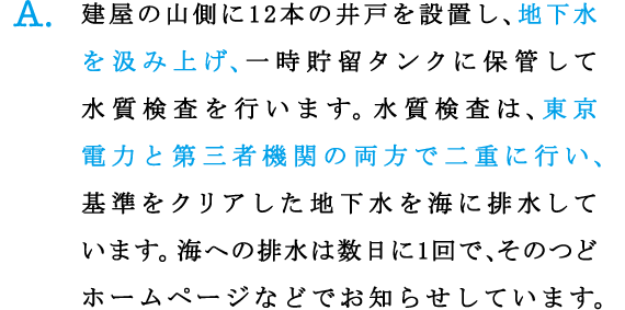 A.建屋の山側に12本の井戸を設置し、地下水を汲み上げ、一時貯留タンクに保管して水質検査を行います。水質検査は、東京電力と第三者機関の両方で二重に行い、基準をクリアした地下水を海に排水しています。海への排水は数日に1回で、そのつどホームページなどでお知らせしています。