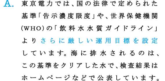 A.東京電力では、国の法律で定められた基準「告示濃度限度」や、世界保健機関（ＷＨＯ） の「飲料水水質ガイドライン」よりさらに厳しい運用目標を設定しています。海に排水されるのは、この基準をクリアした水で、検査結果はホームページなどで公表しています。