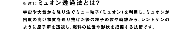 ※注1：ミュオン透過法とは？
  宇宙や大気から降り注ぐミュー粒子（ミュオン）を利用し、ミュオンが密度の高い物質を通り抜けた後の粒子の数や軌跡から、レントゲンのように原子炉を透視し、燃料の位置や形状を把握する技術です。