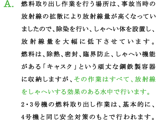 A.燃料取り出し作業を行う場所は、事故当時の放射線の拡散により放射線量が高くなっていましたので、除染を行い、しゃへい体を設置し、放射線量を大幅に低下させています。
燃料は、除熱、密封、臨界防止、しゃへい機能がある「キャスク」という頑丈な鋼鉄製容器に収納しますが、その作業はすべて、放射線をしゃへいする効果のある水中で行います。
2・3号機の燃料取り出し作業は、基本的に、4号機と同じ安全対策のもとで行われます。