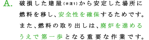 A.破損した建屋（※注1）から安定した場所に燃料を移し、安全性を確保するためです。
また、燃料の取り出しは、廃炉を進めるうえで第一歩となる重要な作業です。