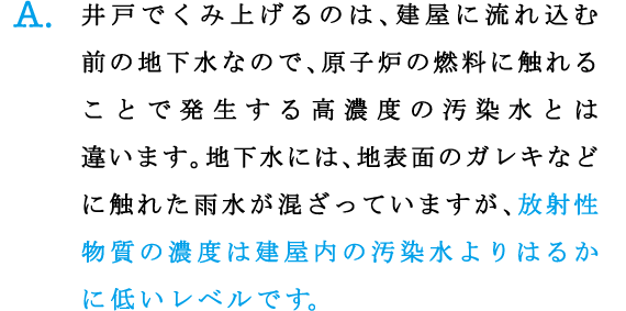 A.井戸でくみ上げるのは、建屋に流れ込む前の地下水なので、原子炉の燃料に触れることで発生する高濃度の汚染水とは違います。地下水には、地表面のガレキなどに触れた雨水が混ざっていますが、放射性物質の濃度は建屋内の汚染水よりはるかに低いレベルです。