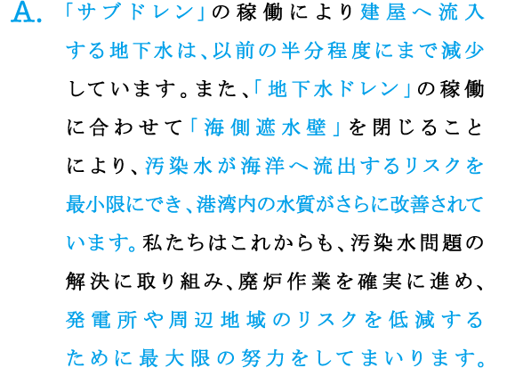 A.「サブドレン」の稼働により建屋へ流入する地下水は、以前の半分程度にまで減少しています。また、「地下水ドレン」の稼働に合わせて「海側遮水壁」を閉じることにより、汚染水が海洋へ流出するリスクを最小限にでき、港湾内の水質がさらに改善されています。私たちはこれからも、汚染水問題の解決に取り組み、廃炉作業を確実に進め、発電所や周辺地域のリスクを低減するために最大限の努力をしてまいります。
