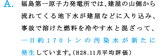 A.福島第一原子力発電所では、建屋の山側から流れてくる地下水が建屋などに入り込み、事故で溶けた燃料を冷やす水と混ざって、一日約170トンの汚染水が新たに発生しています。（H28.11月平均評価）