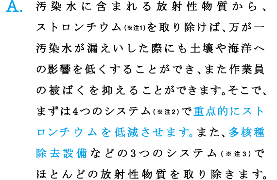 A.汚染水に含まれる放射性物質から、ストロンチウム（※注1）を取り除けば、万が一汚染水が漏えいした際にも土壌や海洋への影響を低くすることができ、また作業員の被ばくを抑えることができます。そこで、まずは4つのシステム（※注2）で重点的にストロンチウムを低減させます。また、多核種除去設備などの3つのシステム（※注3）でほとんどの放射性物質を取り除きます。