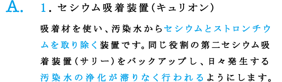 1.セシウム吸着装置(キュリオン)
吸着材を使い、汚染水からセシウムとストロンチウムを取り除く装置です。同じ役割の第二セシウム吸着装置(サリー)をバックアップし、日々発生する
汚染水の浄化が滞りなく行われるようにします。