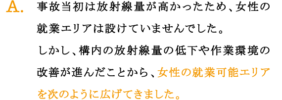 A.事故当初は放射線量が高かったため、女性の就業エリアは設けていませんでした。
しかし、構内の放射線量の低下や作業環境の改善が進んだことから、女性の就業可能エリアを次のように広げてきました。