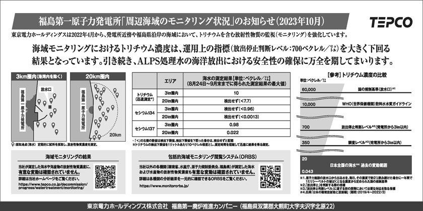 福島第一原子力発電所「周辺海域のモニタリング状況」のお知らせ