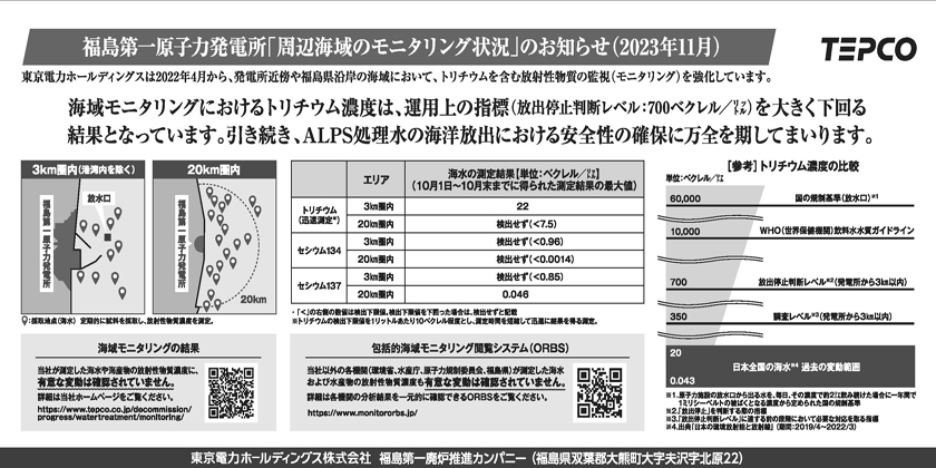 福島第一原子力発電所「周辺海域のモニタリング状況」のお知らせ