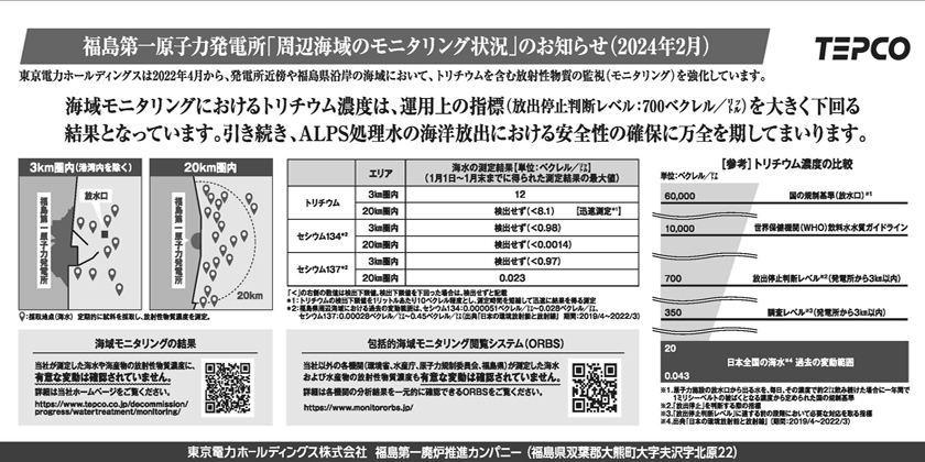 福島第一原子力発電所「周辺海域のモニタリング状況」のお知らせ