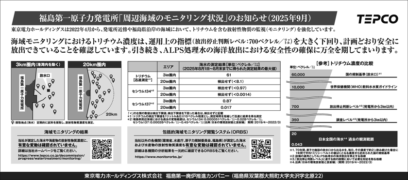 福島第一原子力発電所「周辺海域のモニタリング状況」のお知らせ