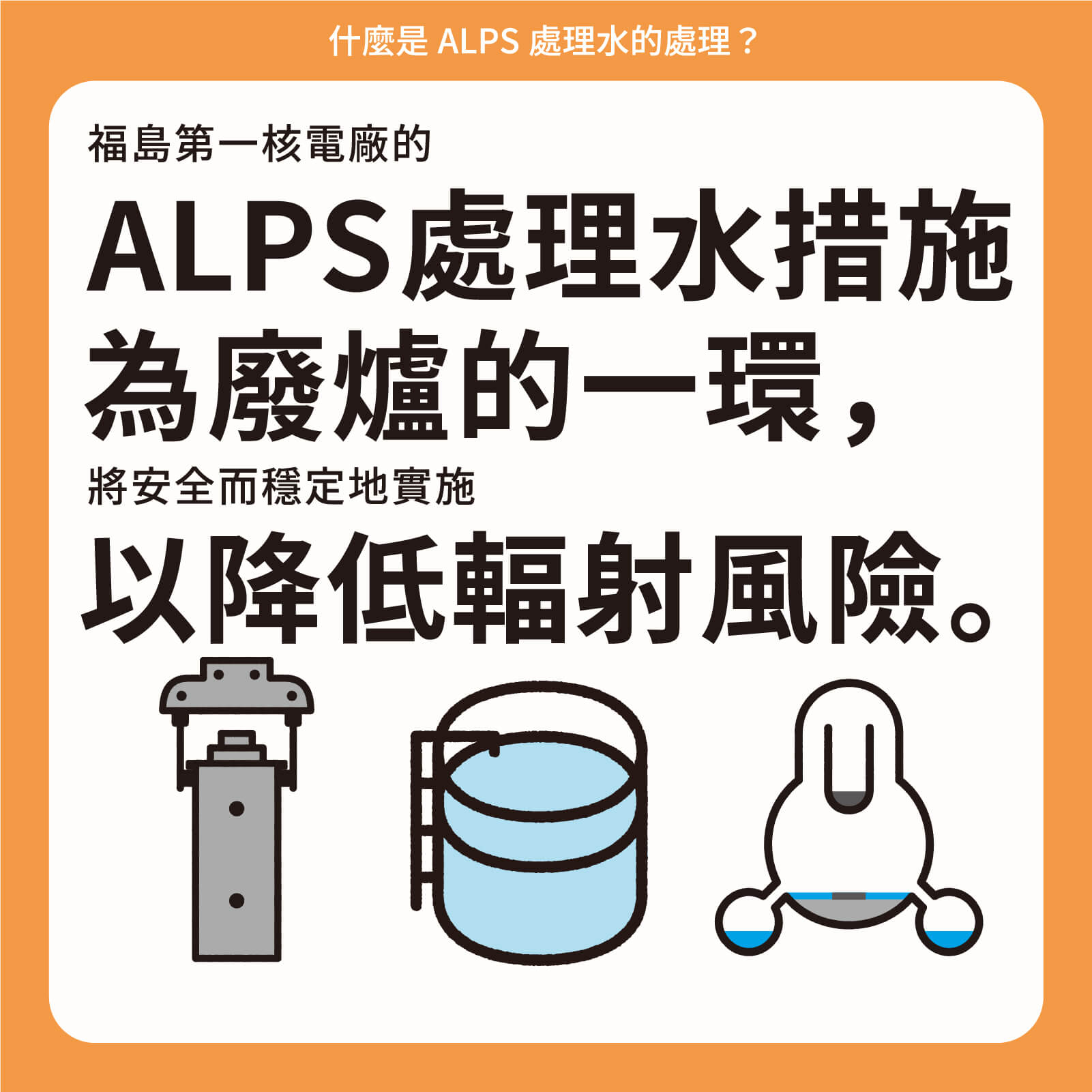 福島第一核電廠的ALPS處理水措施為廢爐的一環，將安全而穩定地實施以降低輻射風險。