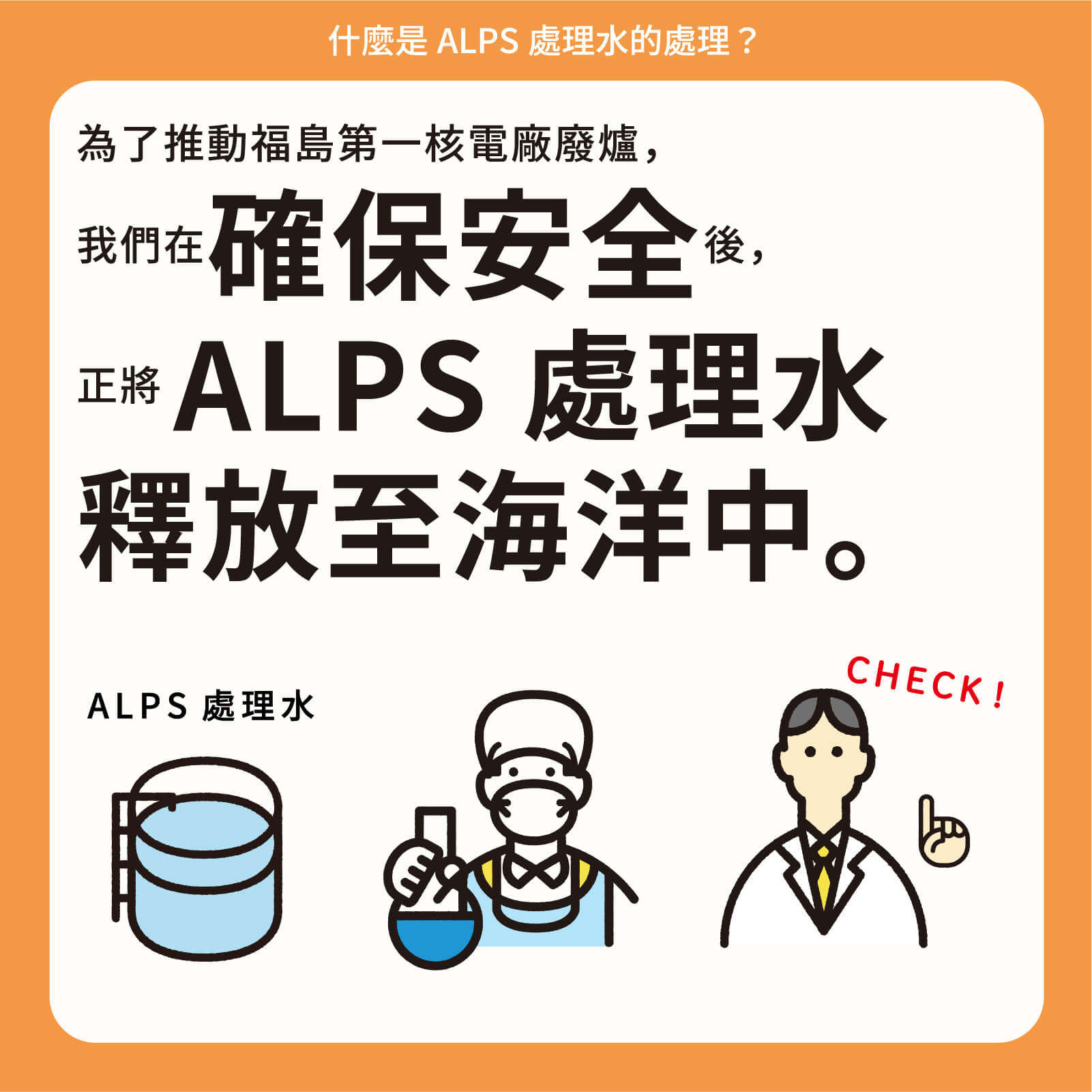 為了推動福島第一核電廠廢爐，我們在確保安全後，正將ALPS處理水釋放至海洋中。