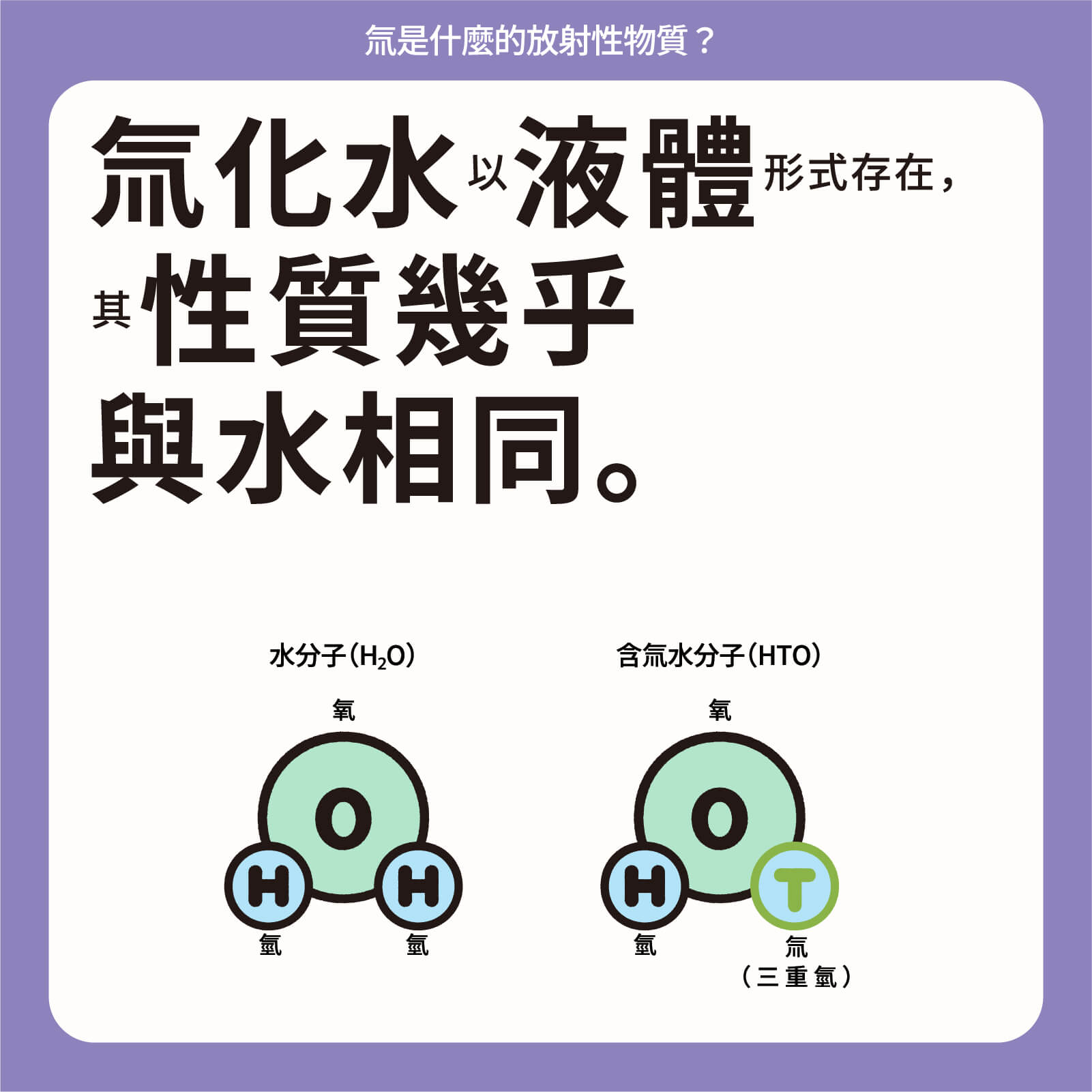 氚化水以液體形式存在，其性質幾乎與水相同。