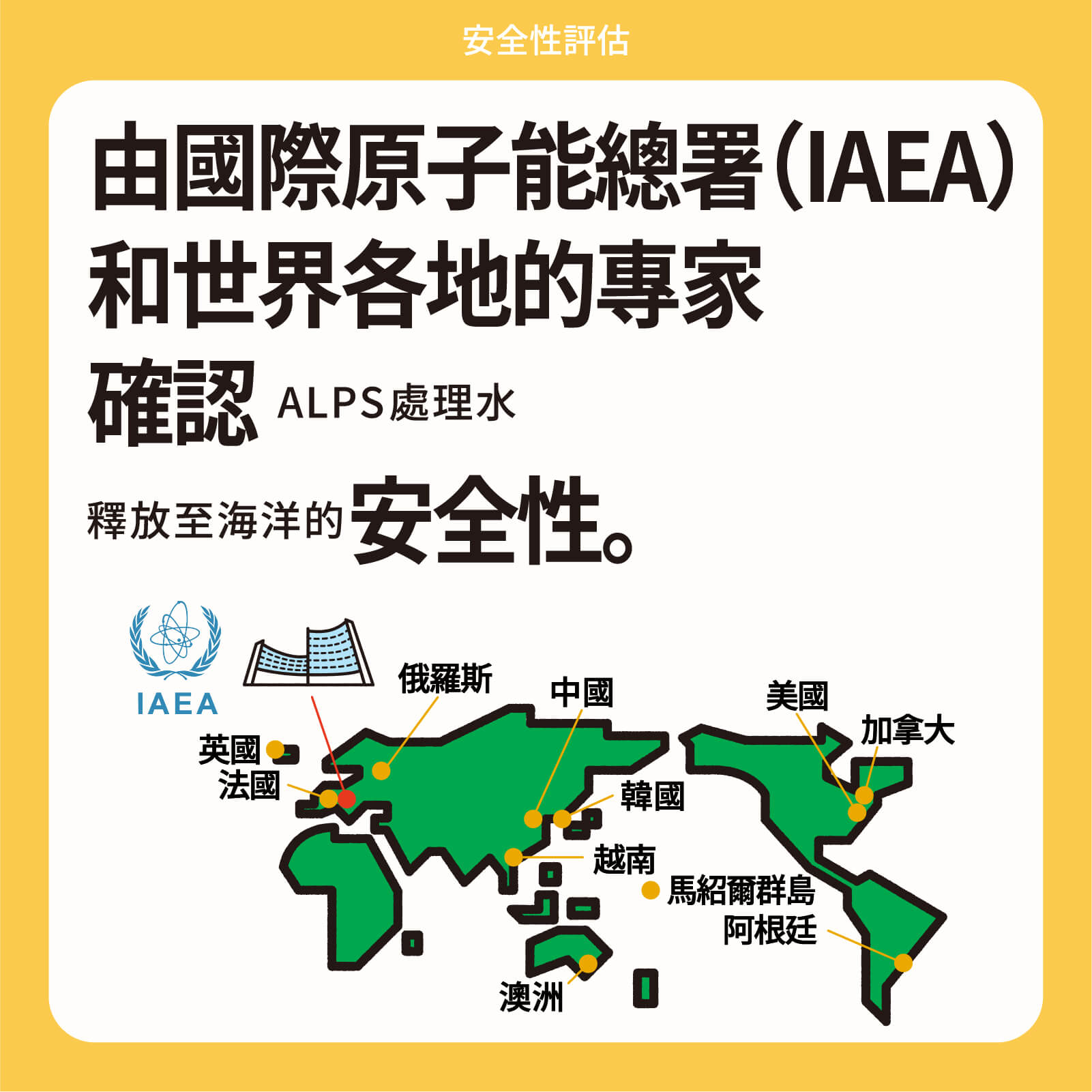 由國際原子能總署（IAEA） 和世界各地的專家 確認ALPS處理水 釋放至海洋的安全性。