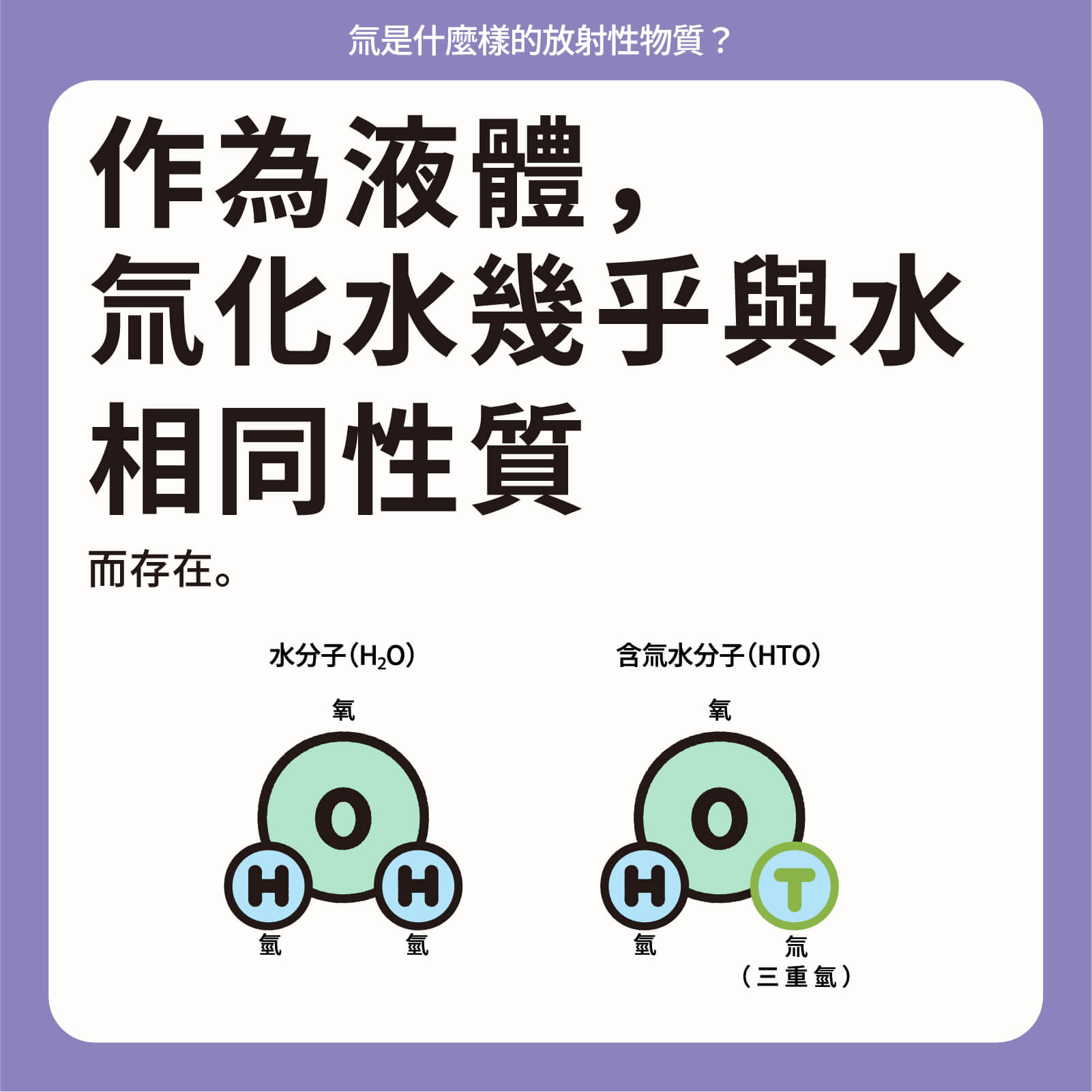 作為液體，氚化水幾乎與水相同性質而存在。