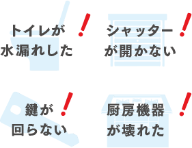 トイレが水漏れした　シャッターが開かない　鍵が回らない　厨房機器が壊れた