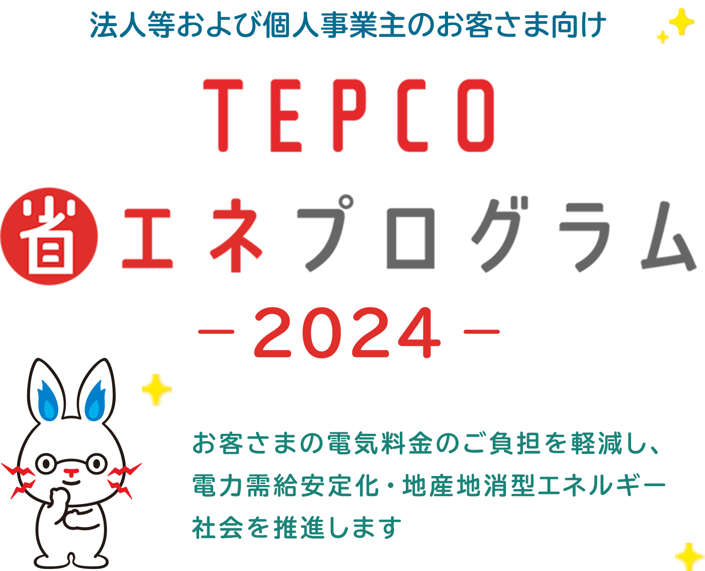 法人等および個人事業主のお客さま向け TEPCO 省エネプログラム -2024- お客さまの電気料金のご負担を軽減し、電力需給安定化・地産地消型エネルギー社会を推進します