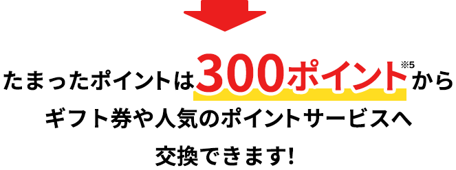 たまったポイントは300ポイントからギフト券や人気のポイントサービスへ交換できます！