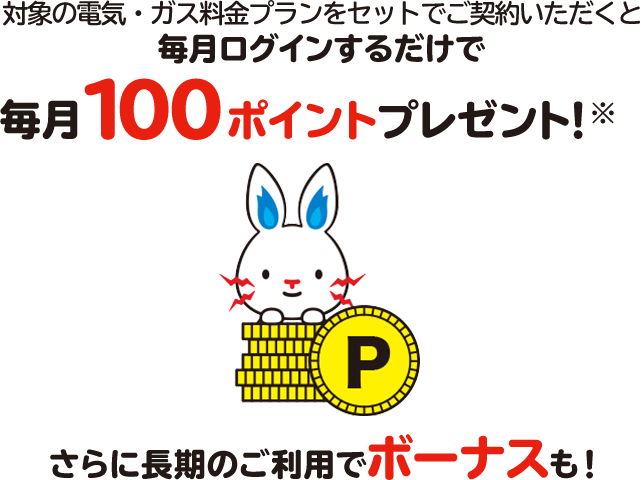 対象の電気・ガス料金プランをセットでご契約いただくと毎月ログインするだけで毎月100ポイントプレゼント!※