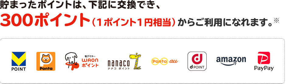 貯まったポイントは、下記に交換でき、1ポイント(=1円相当)からご利用になれます。