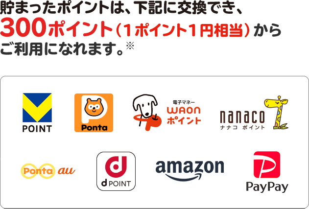 貯まったポイントは、下記に交換でき、1ポイント(=1円相当)からご利用になれます。