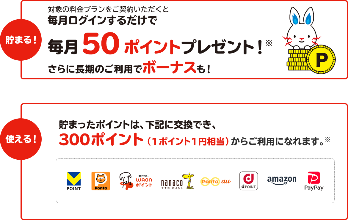 対象の電気・ガス料金プランをセットでご契約いただくと毎月ログインするだけで毎月100ポイントプレゼント!※