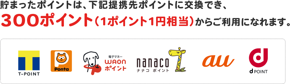貯まったポイントは、下記提携先ポイントに交換でき、1ポイント(=1円相当)からご利用になれます。