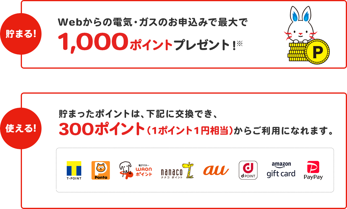 webからの電気・ガスのお申込みで最大で1,000ポイントプレゼント!