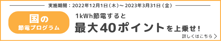 国の節電プログラム1kWh節電すると最大40ポイントを上乗せ!実施期間:2023年3月31日(金)まで