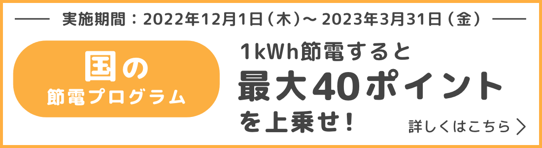 国の節電プログラム1kWh節電すると最大40ポイントを上乗せ!実施期間:2023年3月31日(金)まで