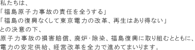 私たちは、「福島原子力事故の責任を全うする」「福島の復興なくして東京電力の改革、再生はあり得ない」との決意の下、原子力事故の損害賠償、廃炉・除染、福島復興に取り組むとともに、電力の安定供給、経営改革を全力で進めてまいります。