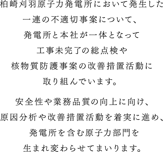 柏崎刈羽原子力発電所において発生した一連の不適切事案について、発電所と本社が一体となって工事未完了の総点検や核物質防護事案の改善措置活動に取り組んでいます。安全性や業務品質の向上に向け、原因分析や改善措置活動を着実に進め、発電所を含む原子力部門を生まれ変わらせてまいります。