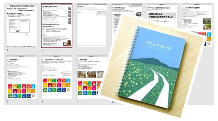 尾瀬の木道を原料にしたフィールドワーク用の「OZE NOTEBOOK」。各ページに、事前学習にて配布された資料等を貼付します