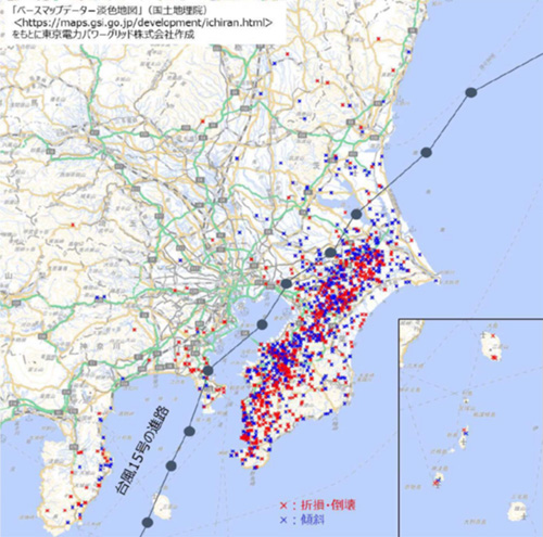 台風15号の影響による電柱の被害発生状況（分布図）